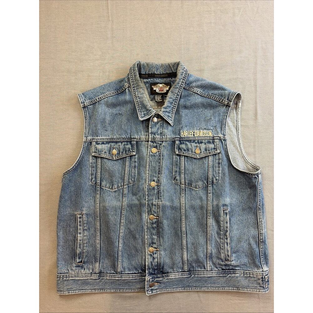 HARLEY DAVIDSON‎ 2XL XXL Motorcycle Distressed Patch Denim Jean Vest Jacket Blue